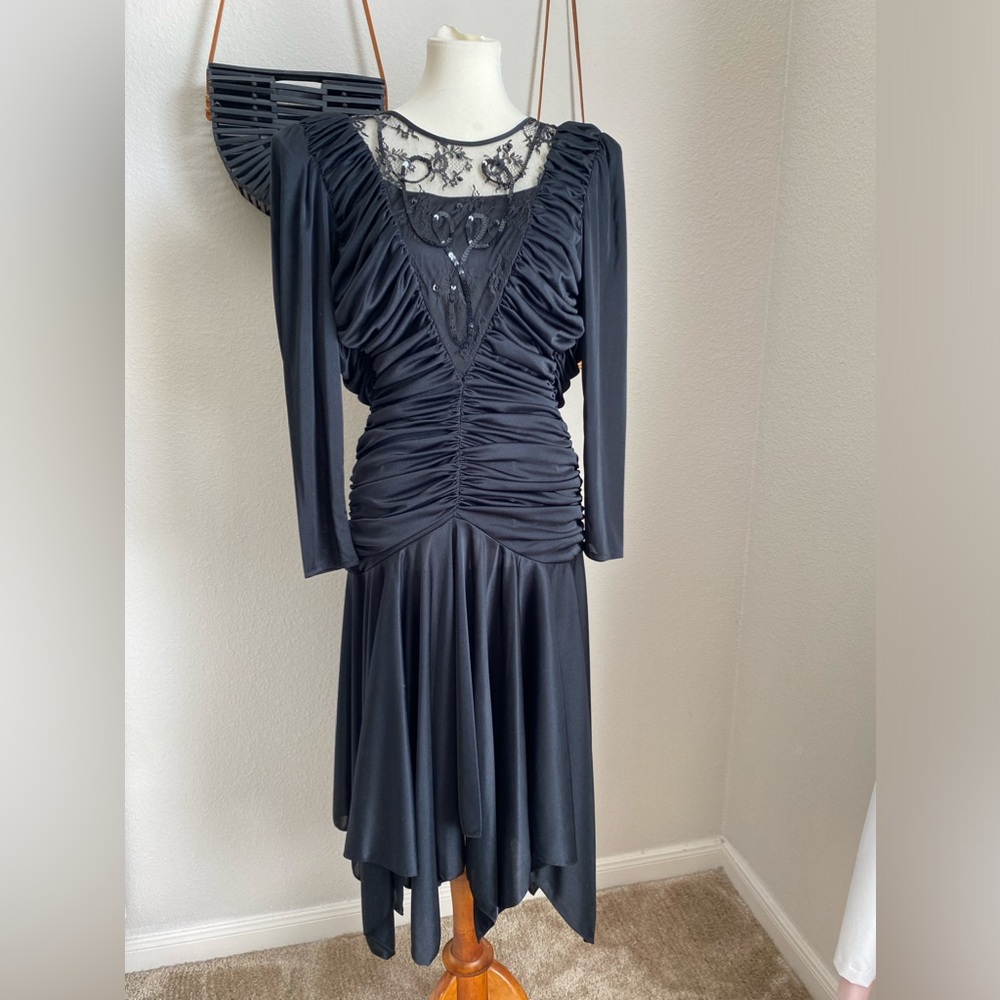 Vintage80s Filigree Collection Sequin Lace Long Sleeve Drop Waist Ruched Dress,8